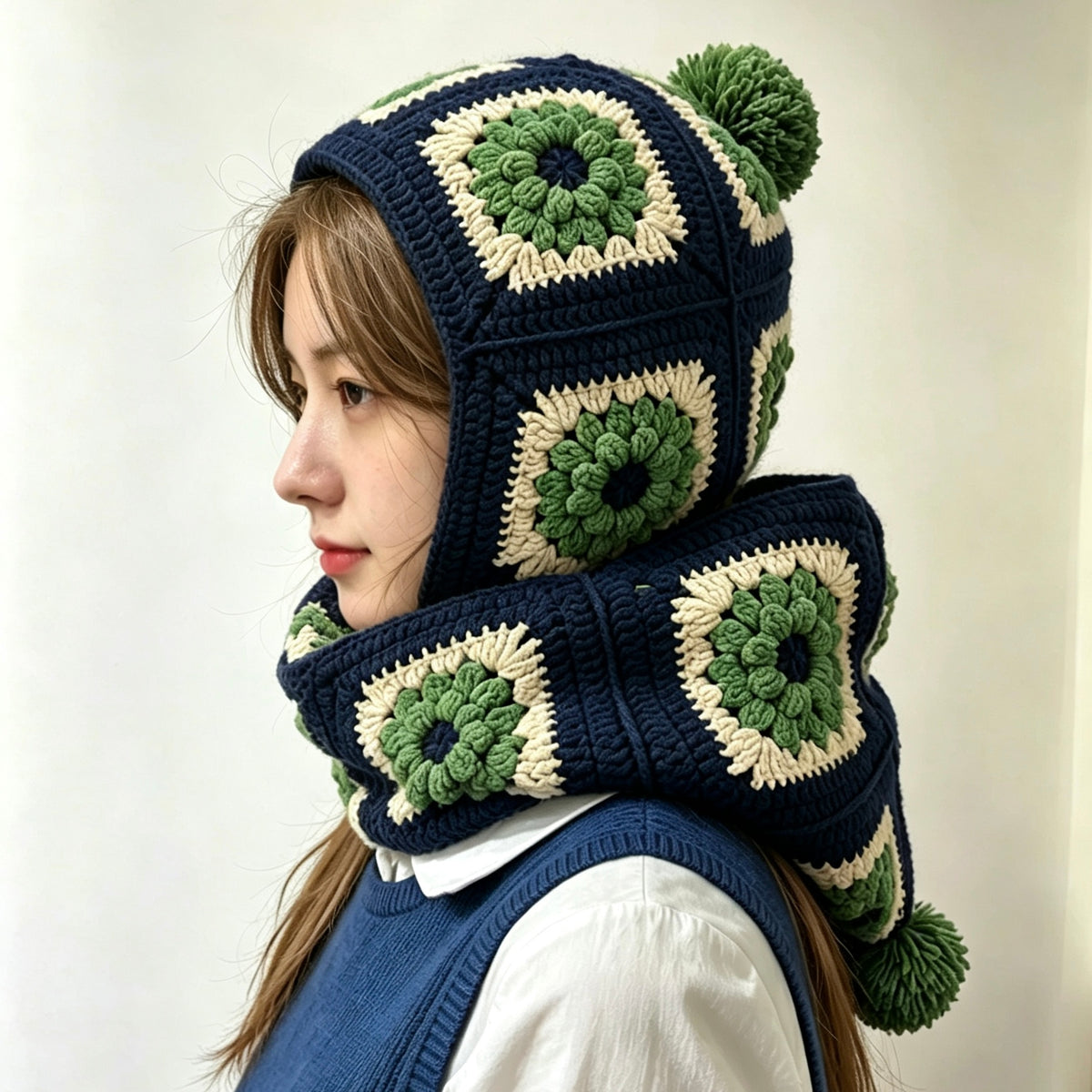 Pom-Pom Granny Square Scarf Hood Crochet Kit