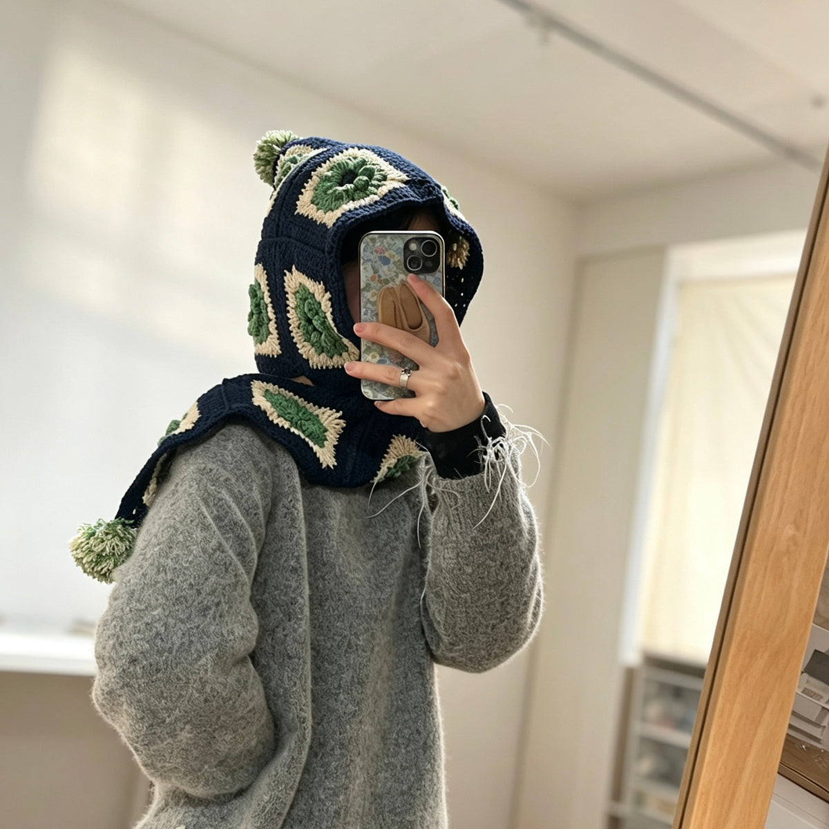 Pom-Pom Granny Square Scarf Hood Crochet Kit