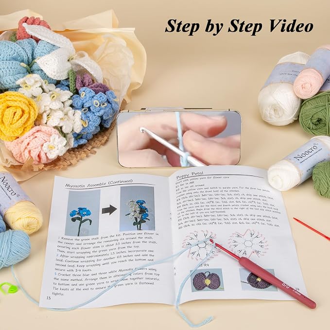 Noocro Crochet Kit Flower Bouquet, Rose, Lily Myosotis, Poppy, Tulip