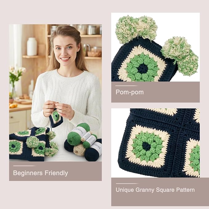 Pom-Pom Granny Square Scarf Hood Crochet Kit