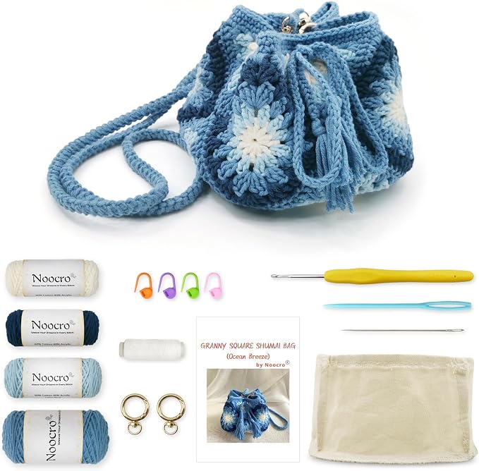 Noocro Crochet Kit Granny Square Shumai Bag, Purse, Complete DIY Kit