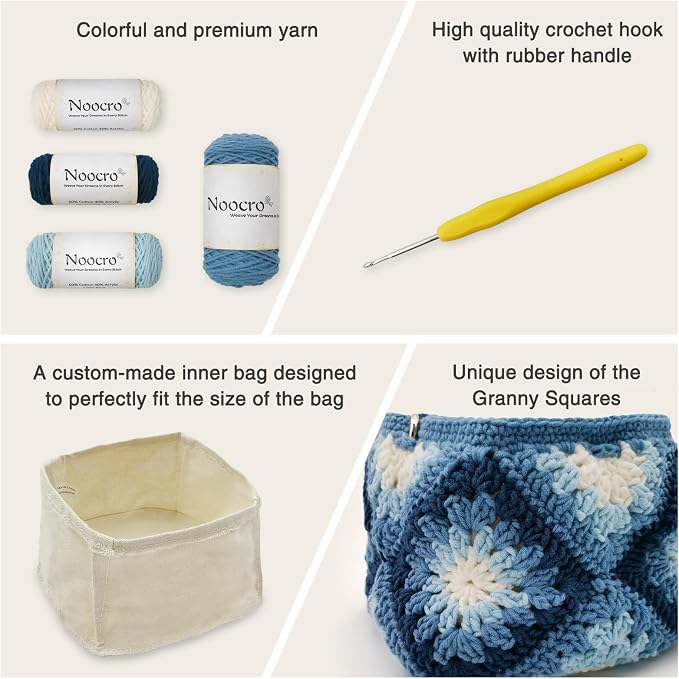 Noocro Crochet Kit Granny Square Shumai Bag, Purse, Complete DIY Kit